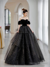 Black Velvet And Tulle Layers Long Formal Dress, Black Sweetheart Neck Evening Party Dress