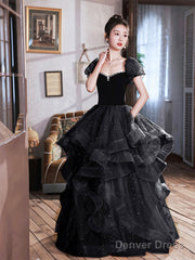 Black Velvet And Tulle Long Party Dress, Black A-Line Evening Dress Party Dress
