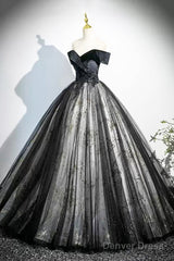 Black Velvet And Tulle Long Prom Dress, Elegant Off The Shoulder Party Dress