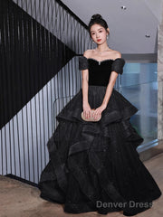 Black Velvet And Tulle Off Shoulder Long Formal Dress, Black Evening Dress Party Dress