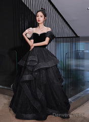 Black Velvet And Tulle Off Shoulder Long Formal Dress, Black Evening Dress Party Dress