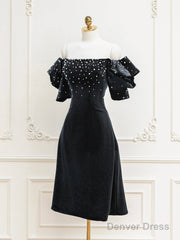 Black Velvet Beads Short Prom Dress, Black Evening Dress