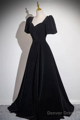 Black Velvet Floor Length Prom Dress, A-Line Short Sleeve Evening Party Dress