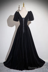 Black Velvet Floor Length Prom Dress, A-Line Short Sleeve Evening Party Dress