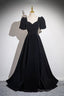 Black Velvet Floor Length Prom Dress, A-Line Short Sleeve Evening Party Dress