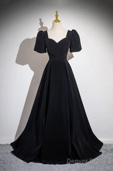 Black Velvet Floor Length Prom Dress, A-Line Short Sleeve Evening Party Dress