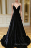 Black Velvet Long A Line Low Back Prom Dress Black V Neck Wedding Prom Dress shops