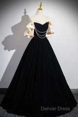 Black Velvet Long A-Line Prom Dresses, Off The Shoulder Evening Party Dresses