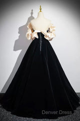 Black Velvet Long A-Line Prom Dresses, Off The Shoulder Evening Party Dresses