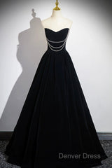 Black Velvet Long A-Line Prom Dresses, Off The Shoulder Evening Party Dresses