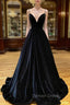 Black Velvet Long A Line Prom Dress, V Neck Backless Prom Dresses