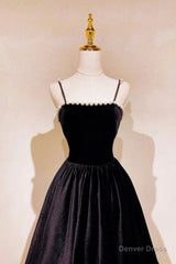 Black Velvet Long Prom Dress with Pearls, Black Spaghetti Straps Evening Party Dress