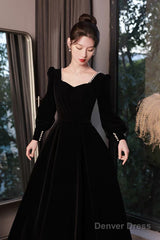 Black Velvet Long Sleeve Party Dress, A-Line Floor Length Formal Evening Dress
