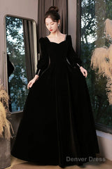 Black Velvet Long Sleeve Party Dress, A-Line Floor Length Formal Evening Dress