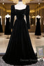 Black Velvet Long Sleeve Prom Dresses, A-Line Evening Party Dresses