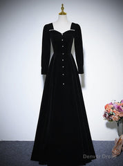 Black Velvet Long Sleeve Square Neck Prom Dress