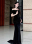Black Velvet Mermaid Off Shoulder Long Prom Dress, Black Velvet Prom Dresses