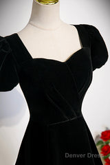 Black Velvet Short Sleeve Floor Length Prom Dress, Simple A-Line Evening Party Dress