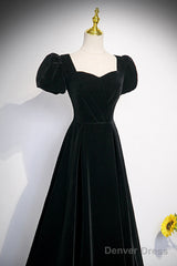 Black Velvet Short Sleeve Floor Length Prom Dress, Simple A-Line Evening Party Dress