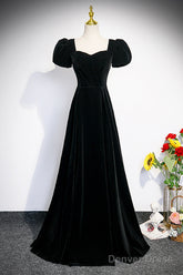 Black Velvet Short Sleeve Floor Length Prom Dress, Simple A-Line Evening Party Dress