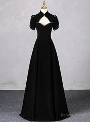 Black Velvet Short Sleeve High Neck Prom Dress