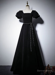 Black Velvet Short Sleeve Square Neck Pearls Prom Dress