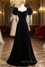 Black Velvet Short Sleeves Floor Length Long Prom Dresses, Black Velvet Long Formal Evening Dresses