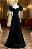 Black Velvet Short Sleeves Floor Length Long Prom Dress, Black Velvet Long Prom Dresses
