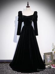 Black Velvet Square Bow Long Sleeve Prom Dress