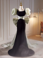 Black Velvet Square Puff Sleeve Prom Dress With Bow
