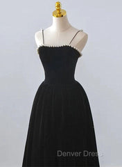 Black Velvet Straps Tea Length Party Dresses, Black Velvet Homecoming Dresses