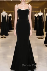 Black Velvet Straps Tea Length Party Dresses, Black Velvet Homecoming Dresses