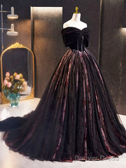 Black Velvet Tulle Long Prom Dress With Rose Print Pattern, Elegant Off The Shoulder Party Dress