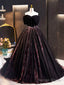 Black Velvet Tulle Long Prom Dress With Rose Print Pattern, Elegant Off The Shoulder Party Dress
