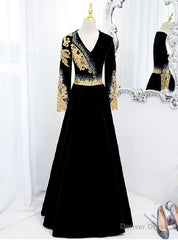 Black Velvet V-neck Long Sleeve Gold Beading Prom Dress