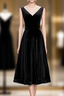 Black Velvet V-neck Short Sleeve Tea Length Prom Dresses