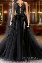 Black Lace Long Prom Dresses, A-Line Backless Evening Dresses