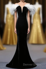 Black Velvet Mermaid Prom Dresses with Feather, Off the Shoulder Long Evening Gown