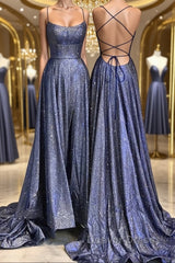 Bling Bling Backless Long Prom Dresses, Open Back Blue Long Formal Evening Dresses