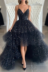 Bling Bling V Neck High Low Black Long Prom Dresses, Fluffy Black Formal Evening Dresses, Ball Gown