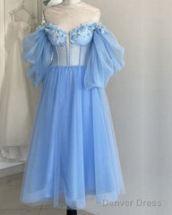 Blue A-Line Midi Tulle Corset Dress With Puffy Sleeves