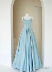 Blue A-Line Satin Beaded Long Prom Dress, Blue Evening Dress Formal Dress