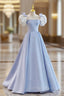 Blue A Line Satin Long Prom Dress, Blue Satin Prom Dresses