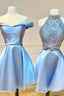Blue A-Line Satin Short Prom Dress, Cute Mini Prom Homecoming Dresses