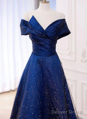 Blue A-Line Satin With Tulle Long Prom Dress, Blue Long Evening Dress Party Dress