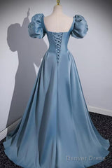 Blue A Line Short Sleeves Cute Prom Dress