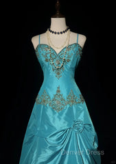 Blue A-Line Spaghetti Straps Satin Beaded Long Prom Dresses Sweetheart Neck Applique Graduation Prom Dresses