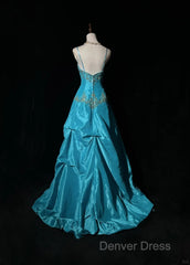 Blue A-Line Spaghetti Straps Satin Beaded Long Prom Dresses Sweetheart Neck Applique Graduation Prom Dresses