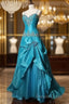 Blue A-Line Spaghetti Straps Satin Beaded Long Prom Dresses Sweetheart Neck Applique Graduation Prom Dresses