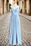 Blue A Line Spaghetti Straps V Neck Pleated Floor Length Chiffon Long Bridesmaid Dresses